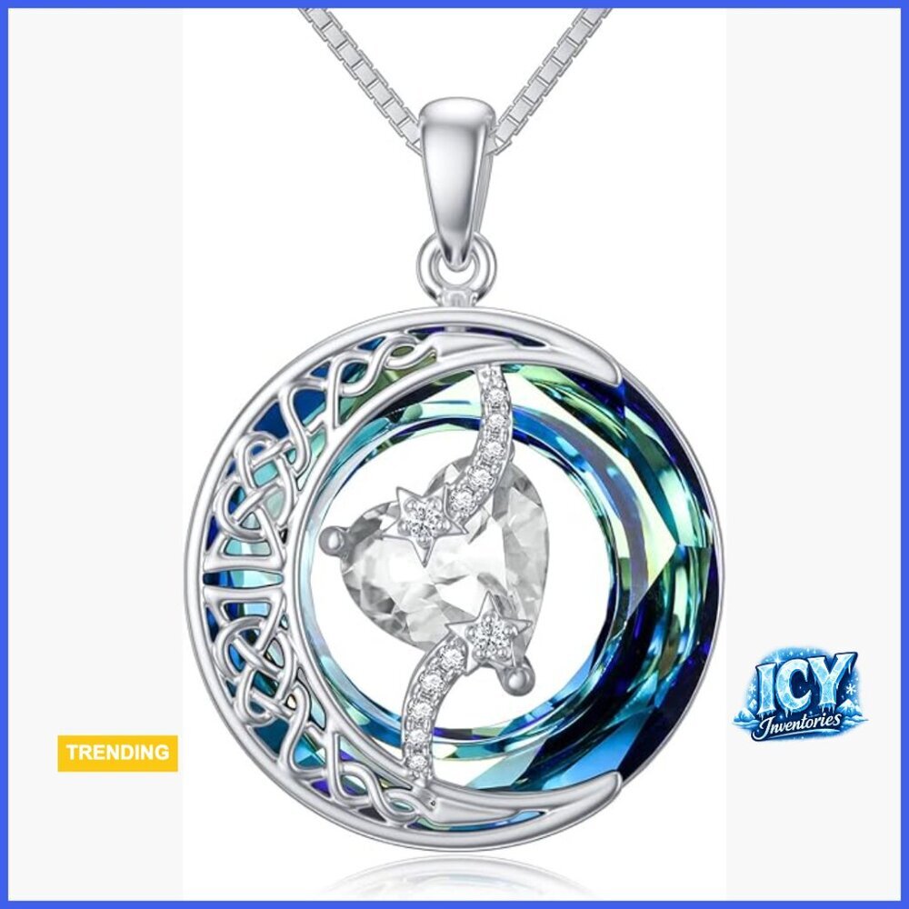 925 Sterling Silver Moon and Star Pendant Necklace with Crystal Birthstone